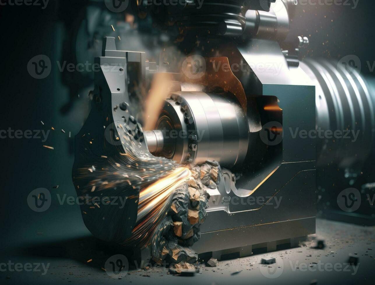 métal machine outils industrie. cnc tournant machine haute vitesse Coupe est opération. en volant des étincelles de travail des métaux. génératif ai photo