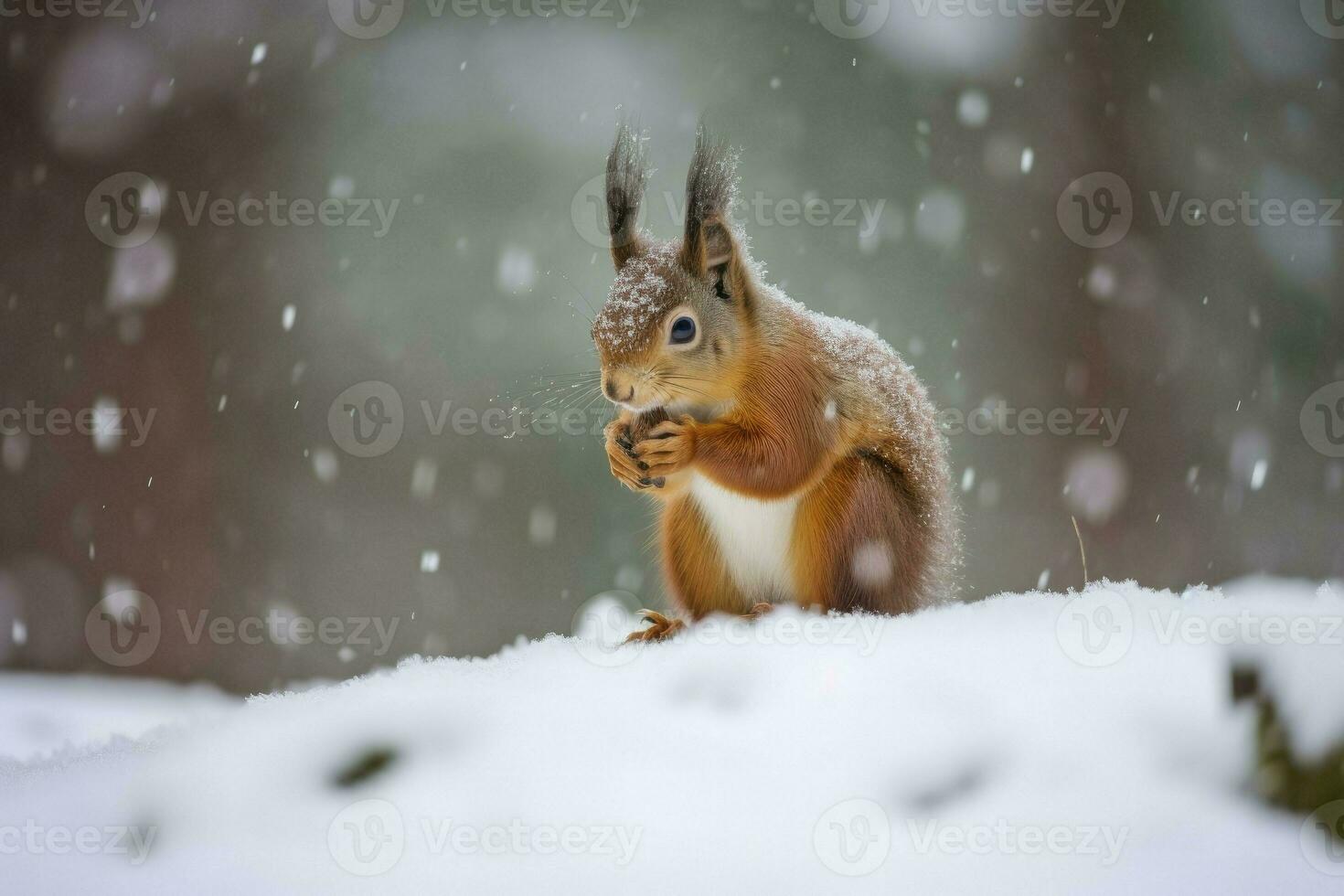 rouge écureuil dans le chute neige. mignonne écureuil séance dans le neige couvert avec flocons de neige. hiver Contexte. génératif ai photo