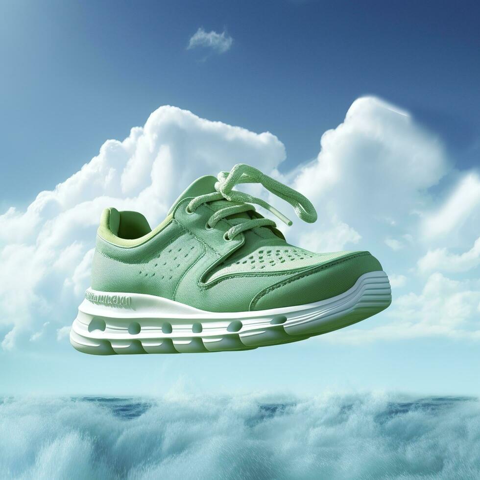 proche en haut vert des sports des chaussures sur une bleu mer niveau avec bleu ciel et blanc des nuages brillant lumière Contexte. Créatif publicité. ai génératif photo