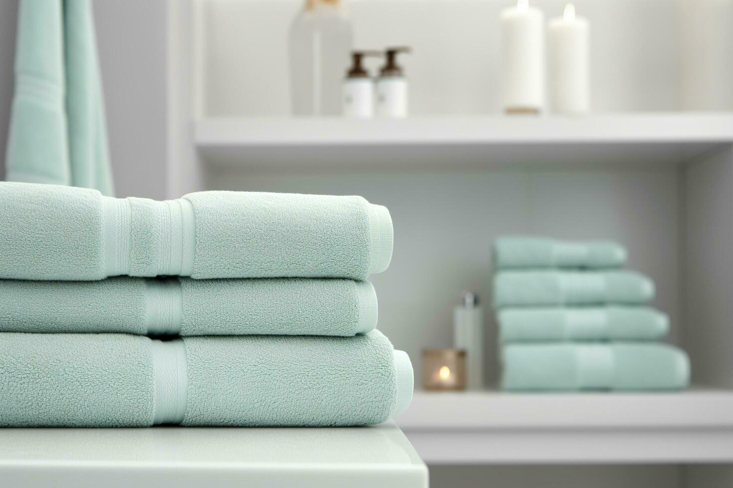 le du monde le plus doux les serviettes contre une minimaliste Contexte. empilés blanc les serviettes asseoir sur Haut de une savon plat dans une salle de bains. ai génératif photo