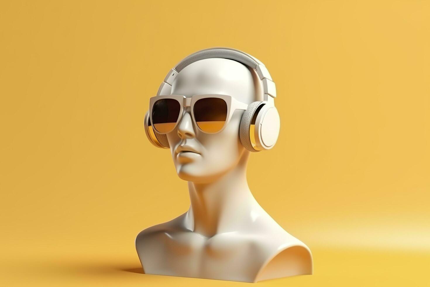 minimal scène de des lunettes de soleil et écouteurs sur Humain tête sculpture, la musique concept, 3d le rendu. ai génératif photo