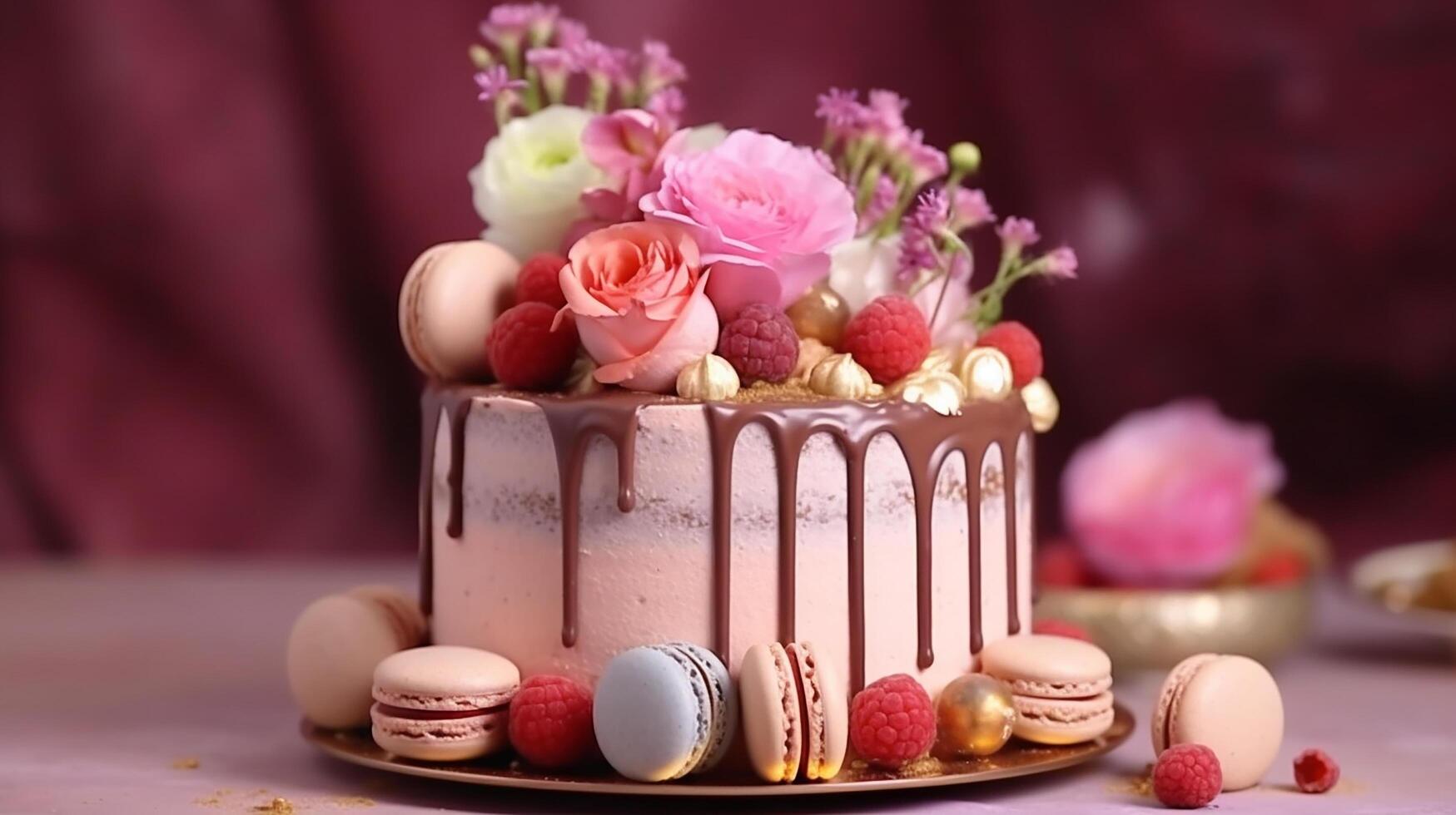 ai génératif anniversaire gâteau avec bougies sur brouiller Contexte rose leur photo