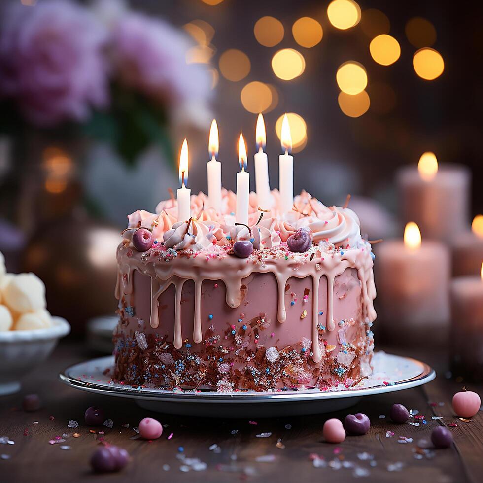 ai génératif anniversaire gâteau avec bougies sur brouiller Contexte rose leur photo