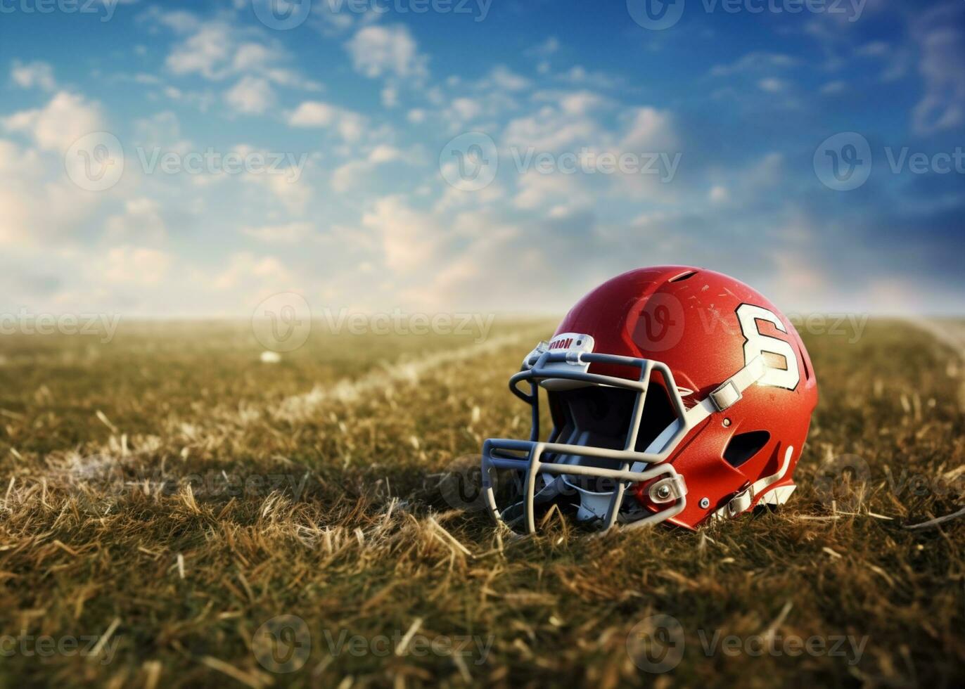 américain Football casque sur le champ avec flou stade Contexte ai généré photo