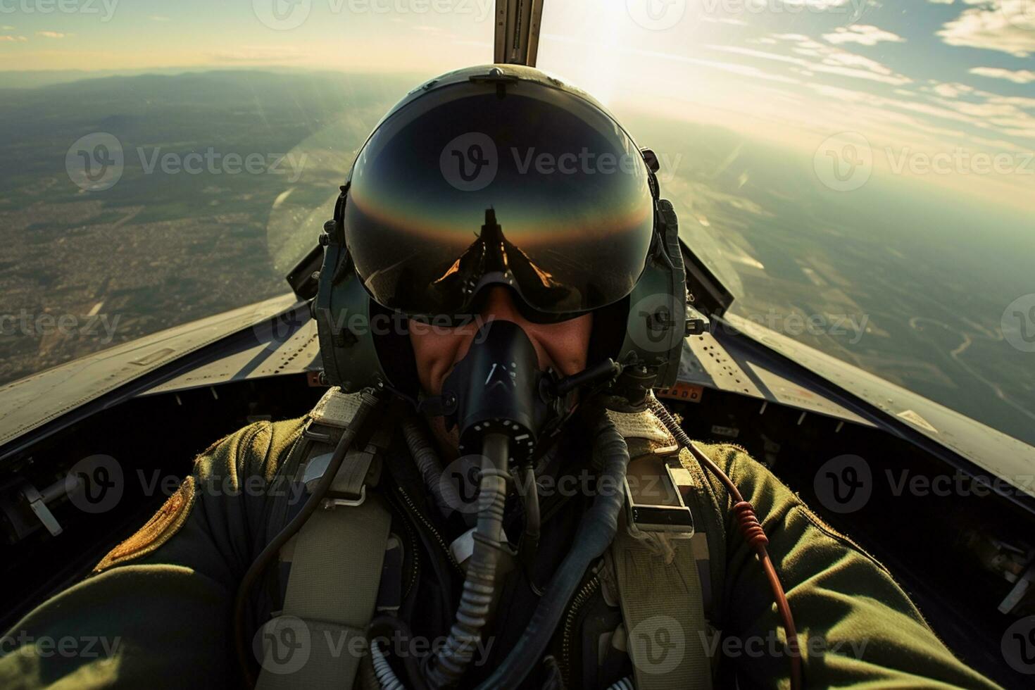 fermer vue de une pilote sur une jet combattant génératif ai photo