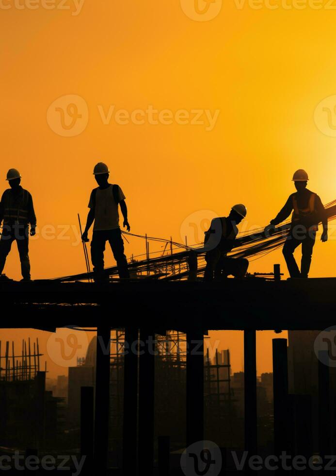 construction ouvriers dans silhouette travail sur haute monter bâtiment ai généré photo