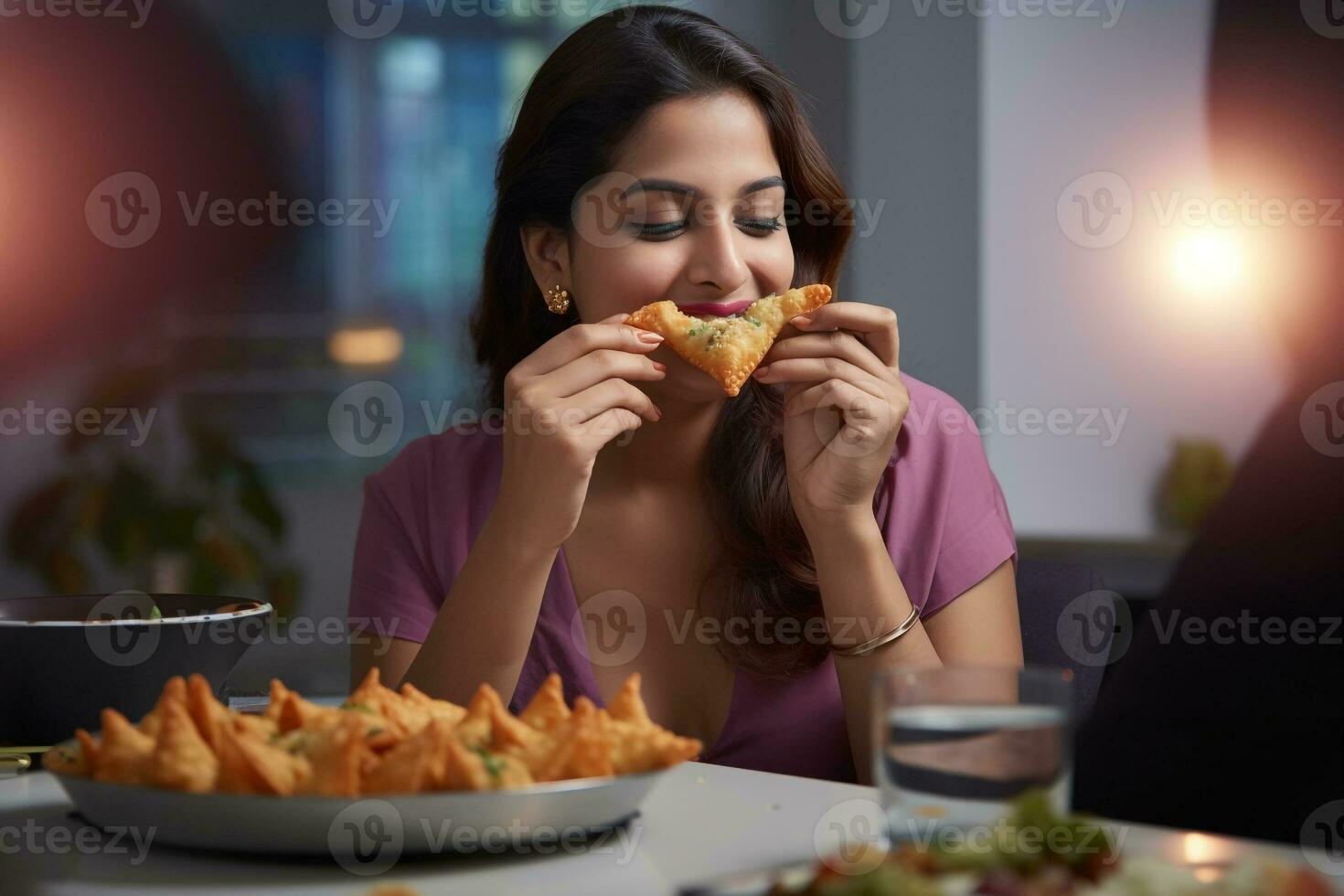 image de une femme en mangeant une Samos, ai génératif photo