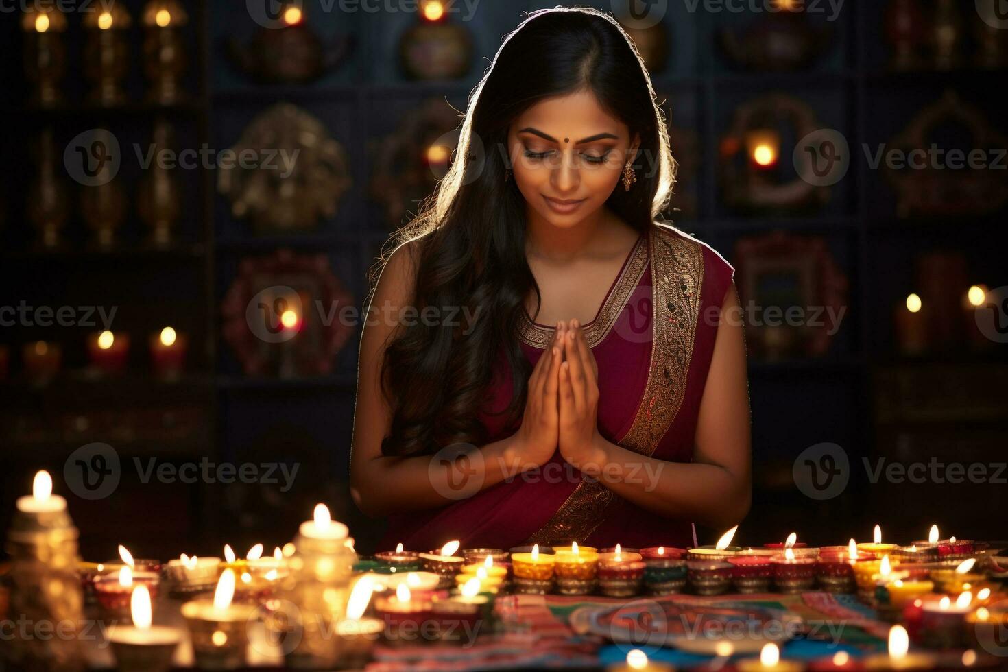 une image de une femme qui travaux dans un Bureau prier à Dieu pendant Diwali, ai génératif photo