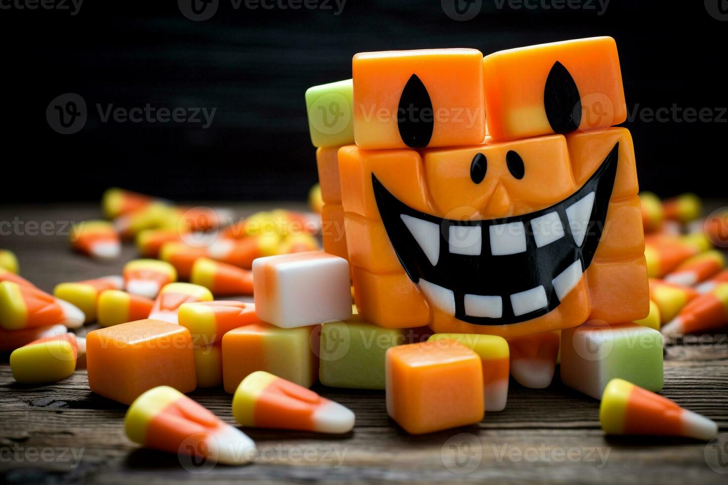 une image de en bois blocs cette épeler content Halloween avec bonbons blé et décorations sur un vieux en bois tableau, ai génératif photo