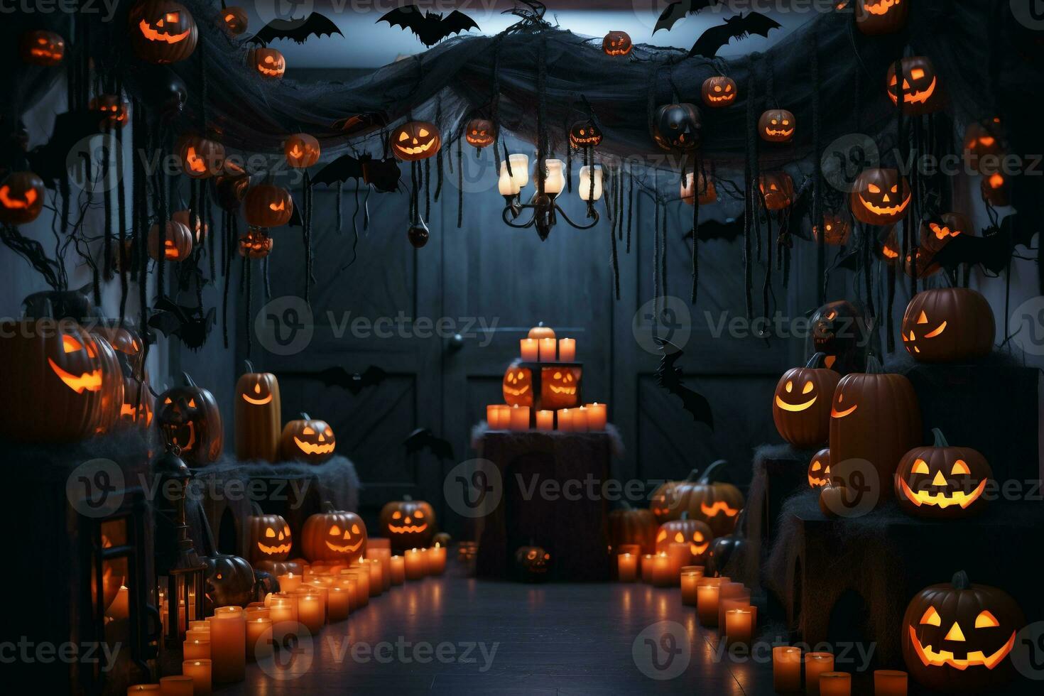 une image de le à l'intérieur de une maison cette est foncé et décoré avec citrouilles pour Halloween, ai génératif photo