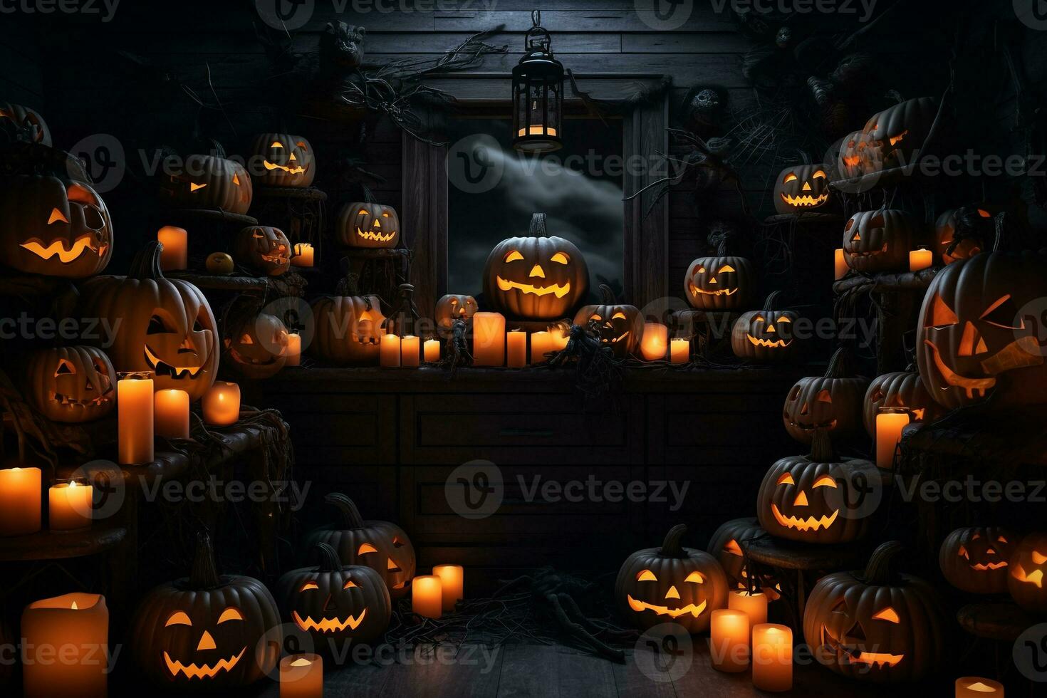 une image de le à l'intérieur de une maison cette est foncé et décoré avec citrouilles pour Halloween, ai génératif photo