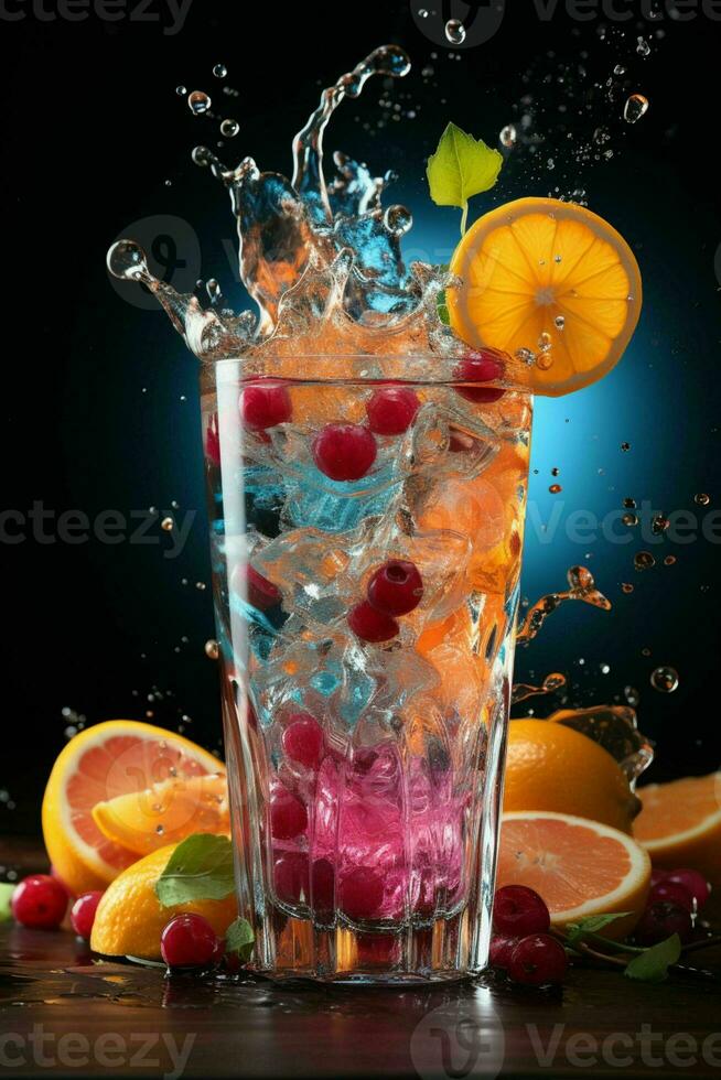 coloré cocktail avec glace, fruit, éclaboussures sur une foncé Contexte photo