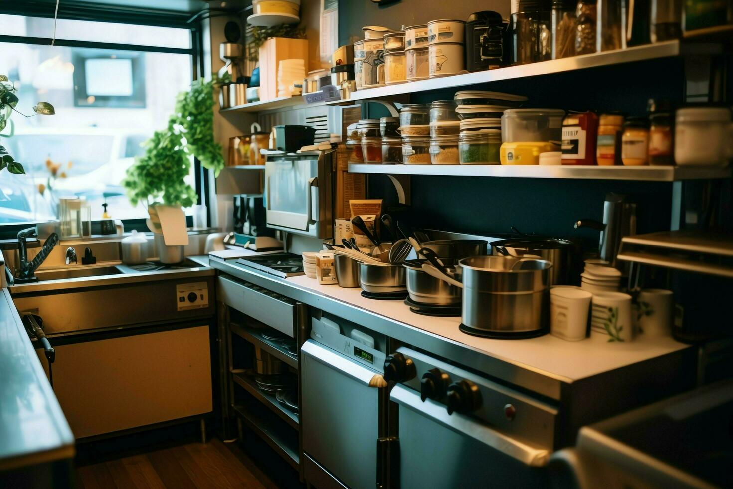 à l'intérieur nettoyer cuisine de une moderne restaurant ou mini café avec cuisine ustensiles et petit bar compteur concept par ai généré photo