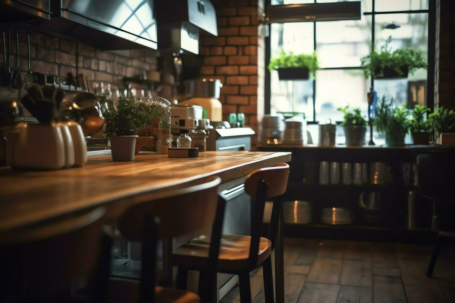 à l'intérieur nettoyer cuisine de une moderne restaurant ou mini café avec cuisine ustensiles et petit bar compteur concept par ai généré photo