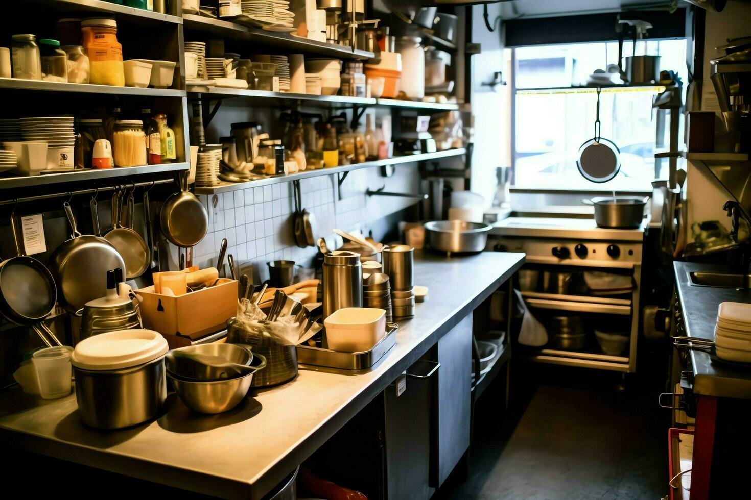 à l'intérieur nettoyer cuisine de une moderne restaurant ou mini café avec cuisine ustensiles et petit bar compteur concept par ai généré photo