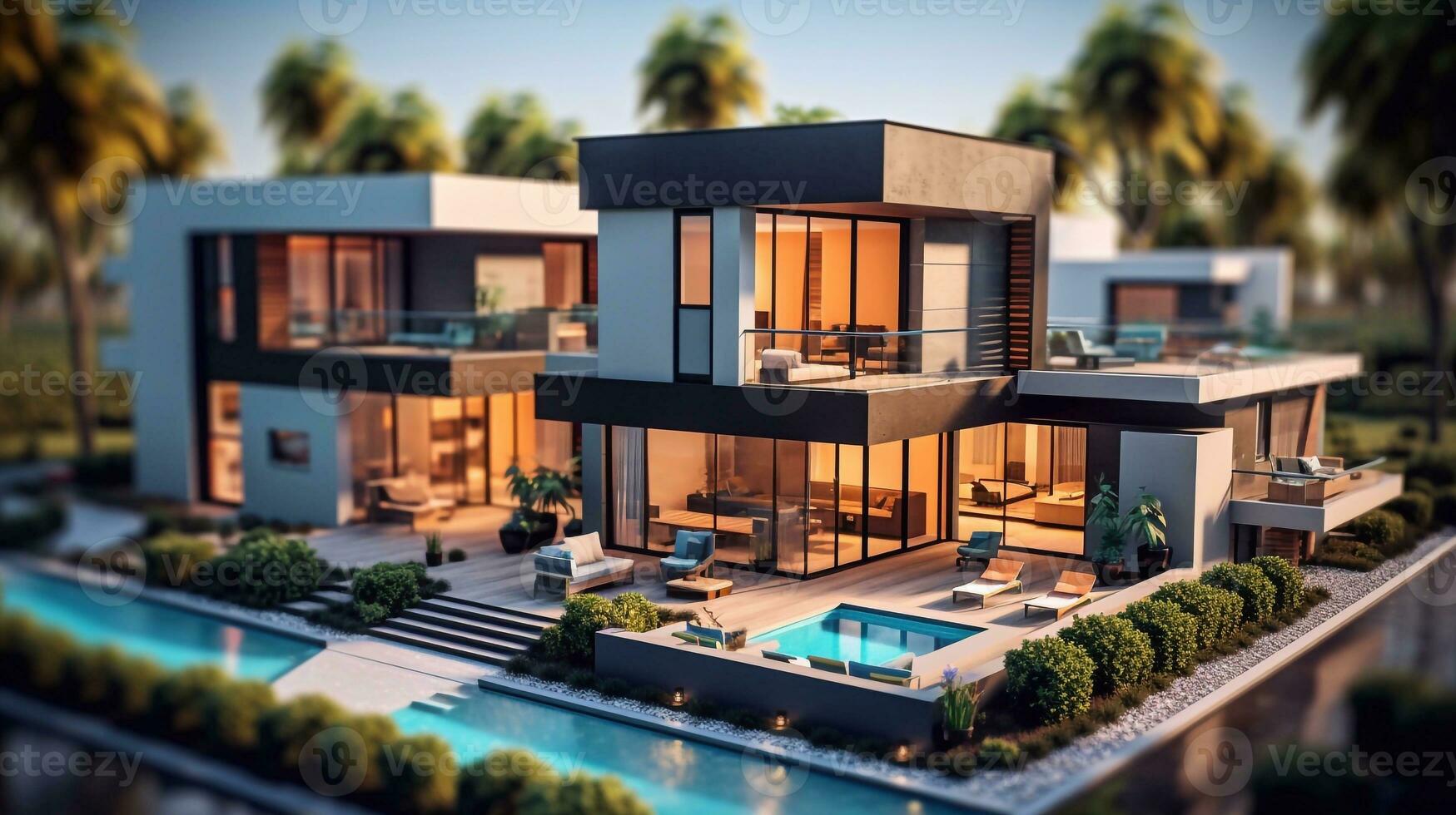 une image de 3d le rendu de moderne confortable maison avec bassin et parking pour vente ou location dans luxueux style. génératif ai photo