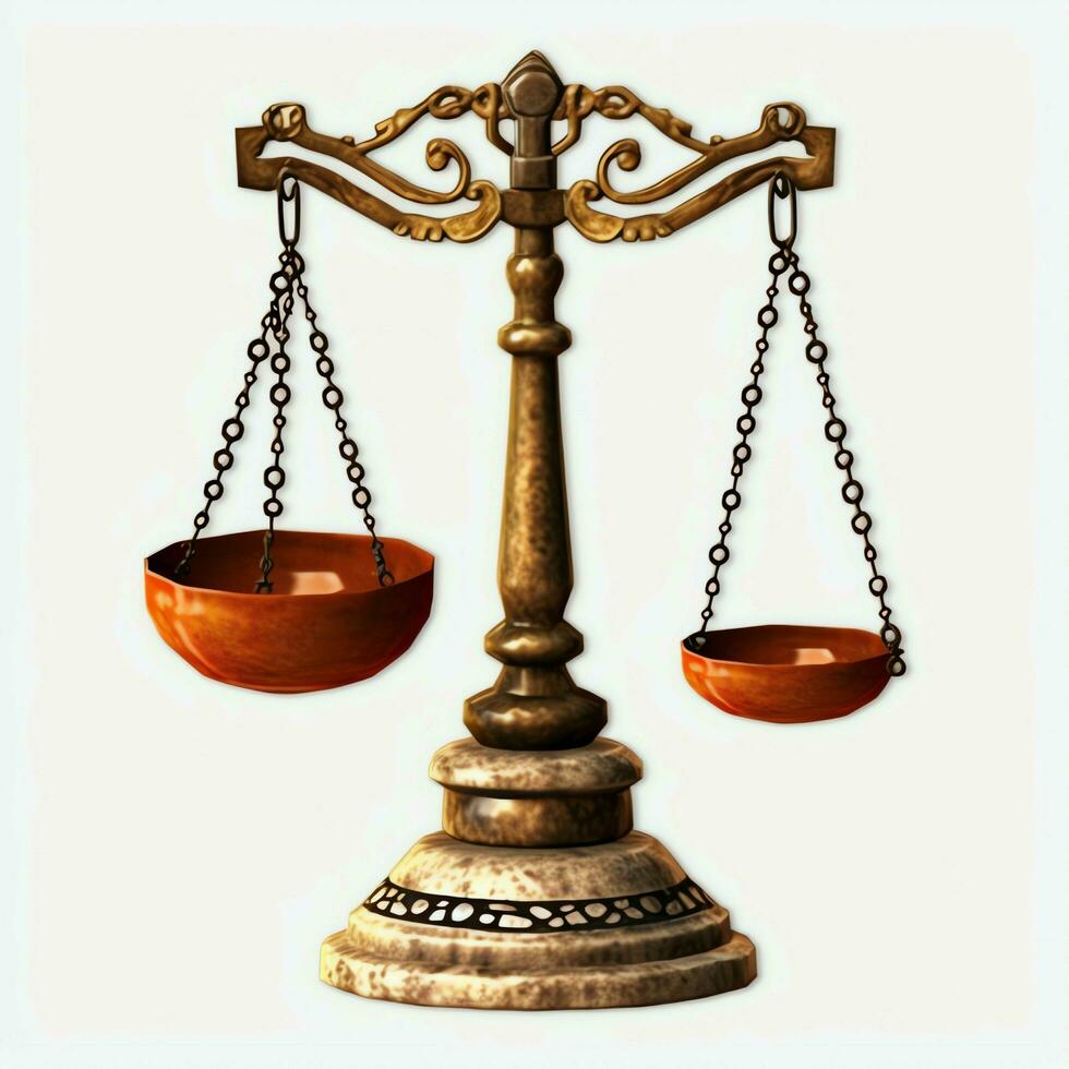 ancien or équilibre échelle mesure ou loi Justice symbole. avocats journée ou monde journée de social Justice concept par ai généré photo