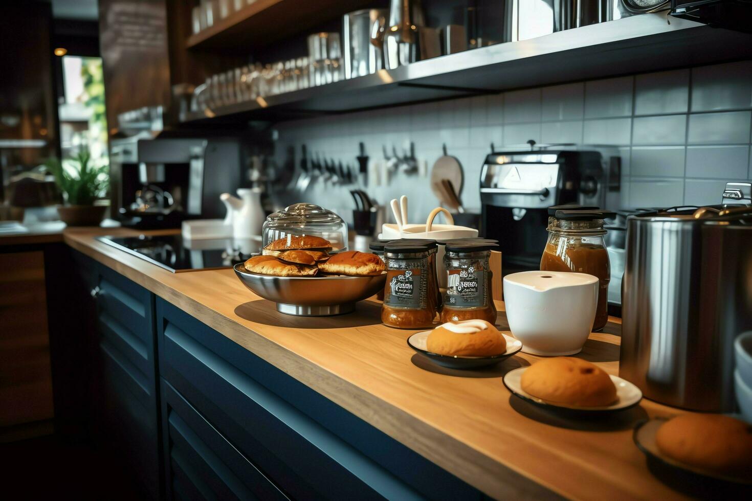 à l'intérieur nettoyer cuisine de une moderne restaurant ou mini café avec cuisine ustensiles et petit bar compteur concept par ai généré photo