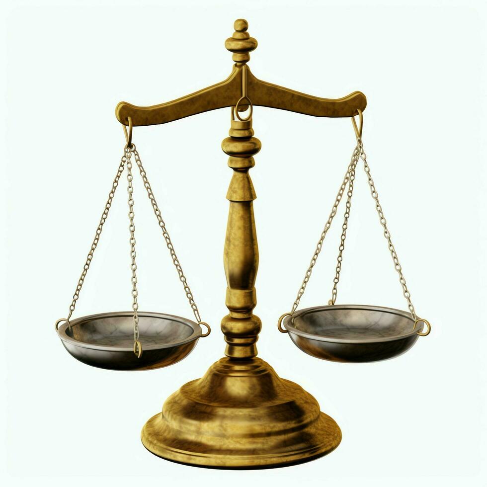 ancien or équilibre échelle mesure ou loi Justice symbole. avocats journée ou monde journée de social Justice concept par ai généré photo