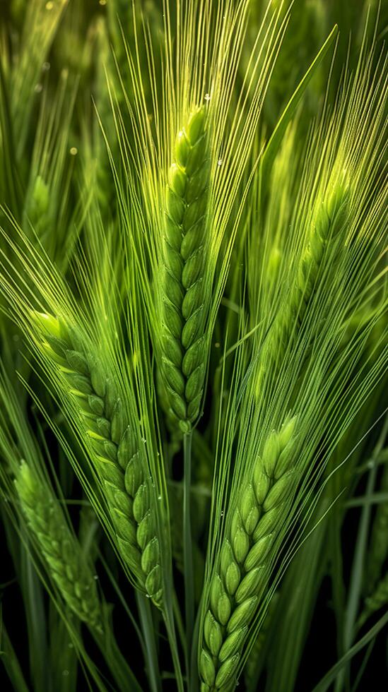 vert orge pointe fermer, vert blé, plein grain, proche en haut de un oreille de vert blé, ai génératif photo