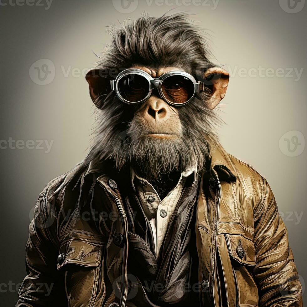 portrait de une singe dans une cuir veste et aviateur chapeau. ai génératif photo