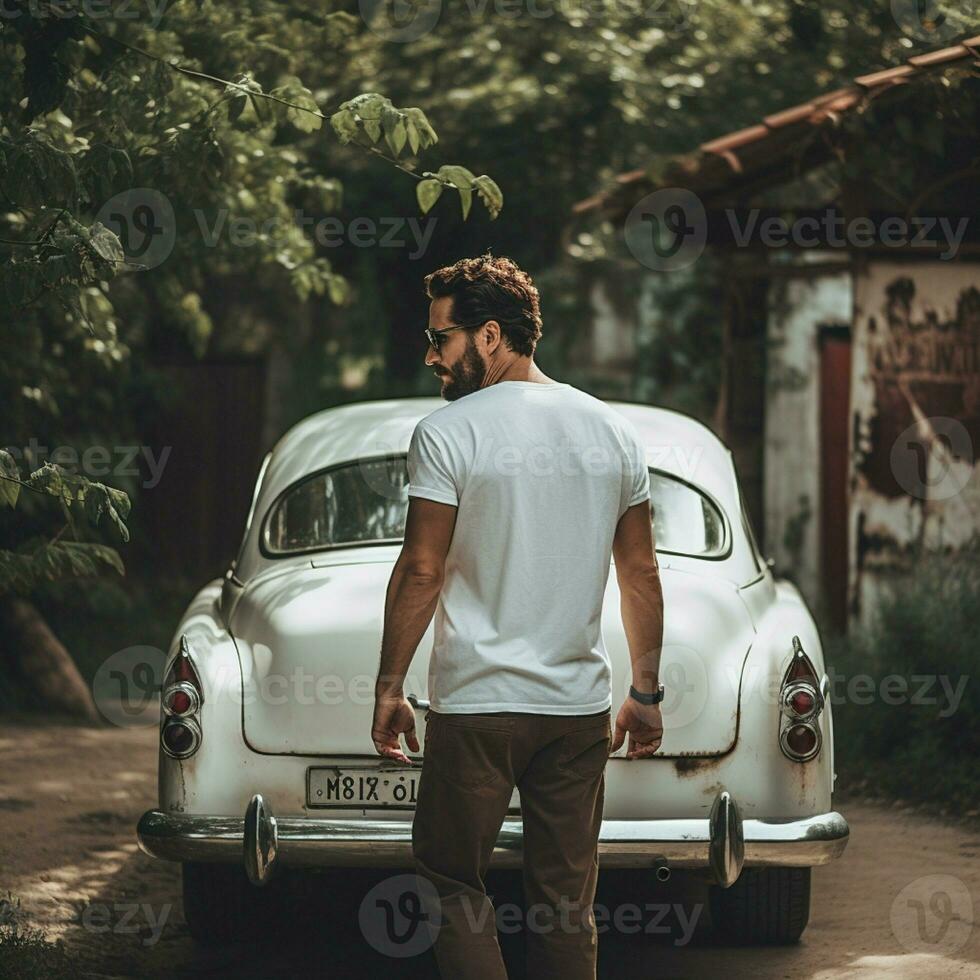 ai généré une homme dans le retour de un vieux voiture, portant une Vide blanc T-shirt photo