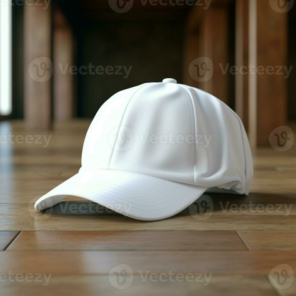 ai généré Vide blanc casquette sur le bois sol photo