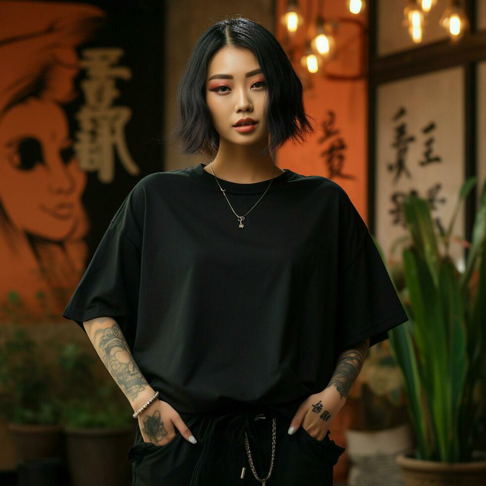 ai généré un asiatique fille avec tatouages portant une noir énorme T-shirt photo