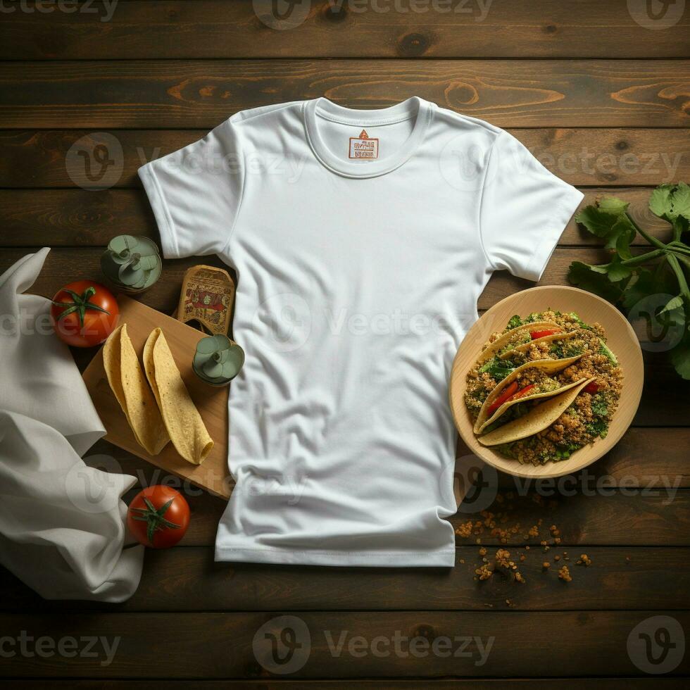 ai généré Vide blanc t - chemise mensonge dans une en train de dormir position sur une tableau, en haut vue avec nombreuses tacos nourriture photo
