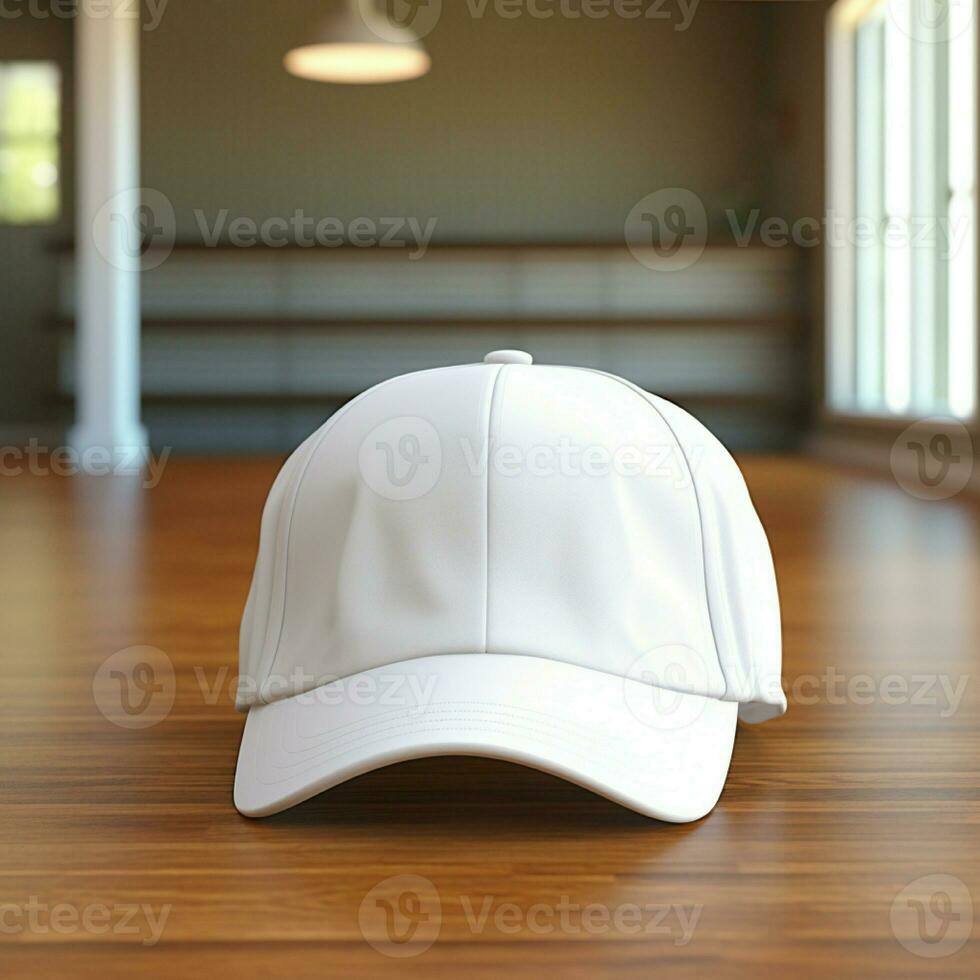 ai généré Vide blanc casquette sur le bois sol photo