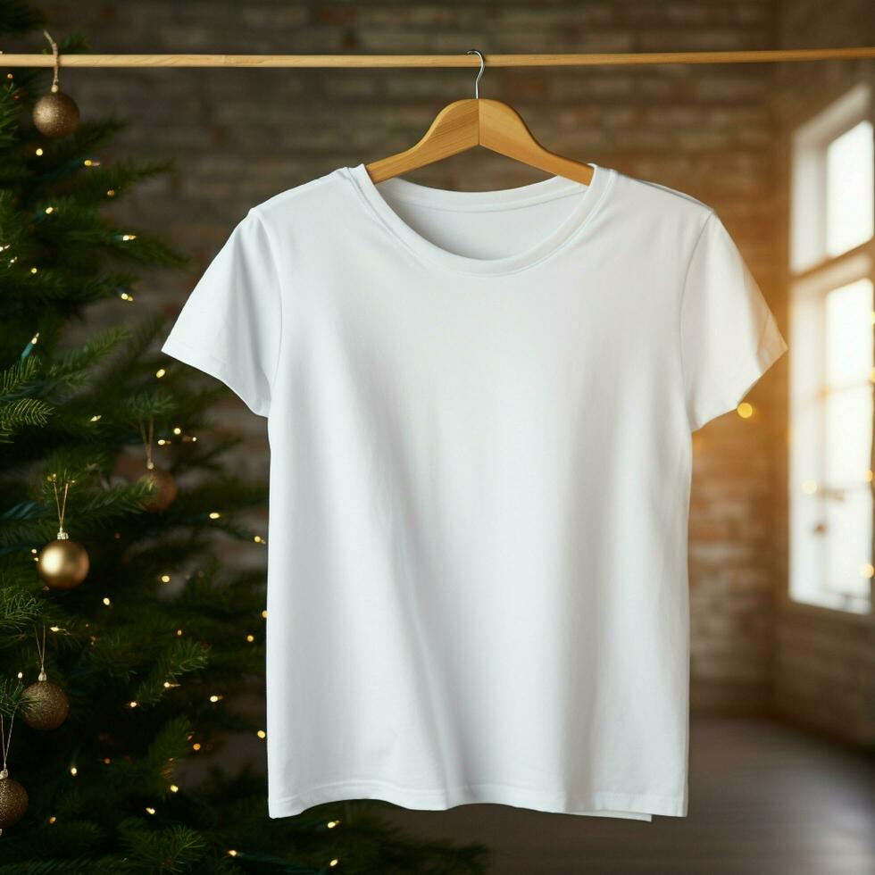 ai généré blanc Vide t - chemise pendaison sur le Noël arbre photo