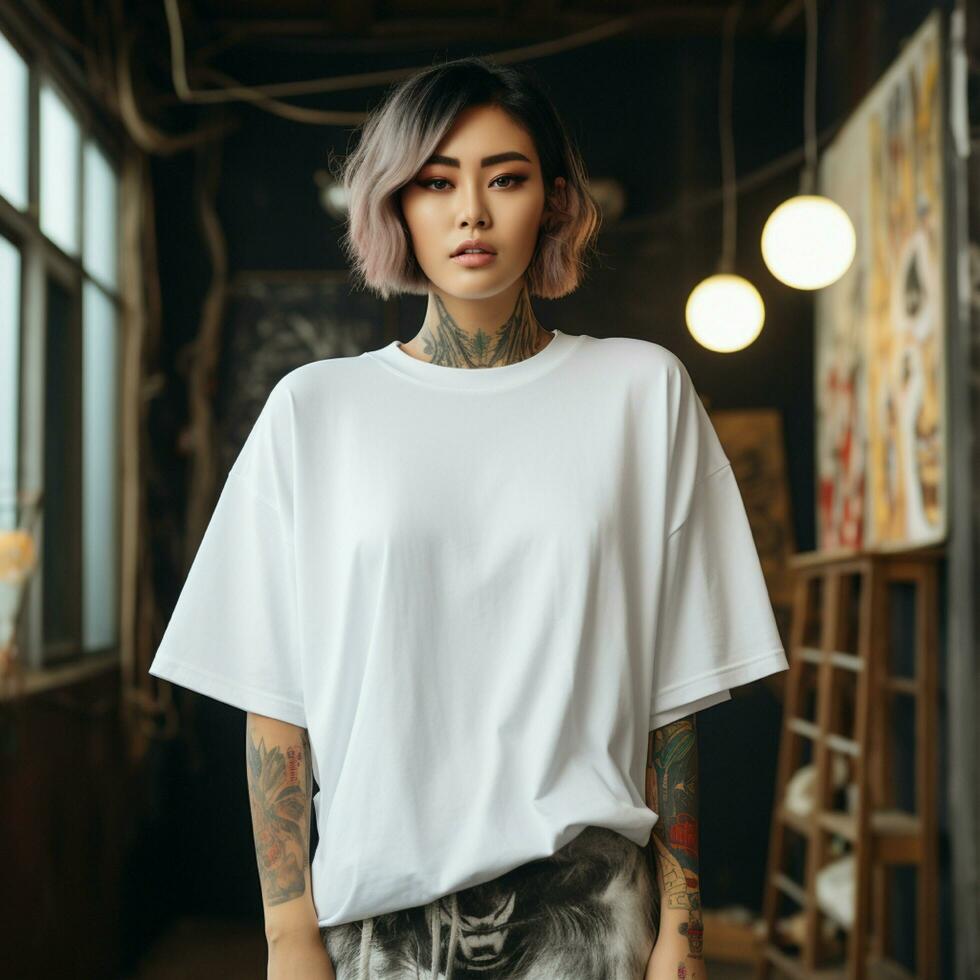 ai généré un asiatique fille avec tatouages portant une blanc énorme T-shirt photo