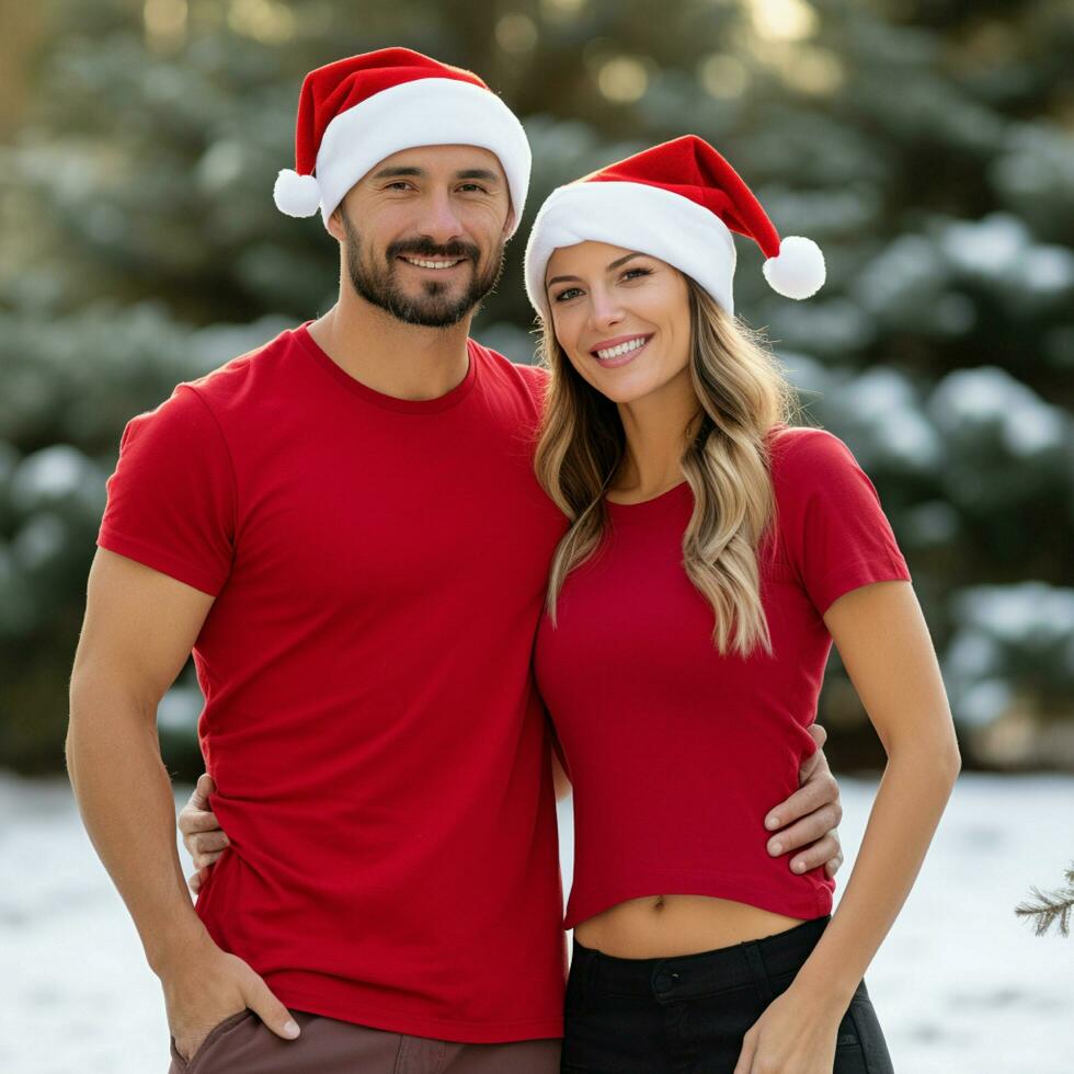 ai généré une magnifique couple, tous les deux sont portant rouge t-shirts et Père Noël Noël Chapeaux photo