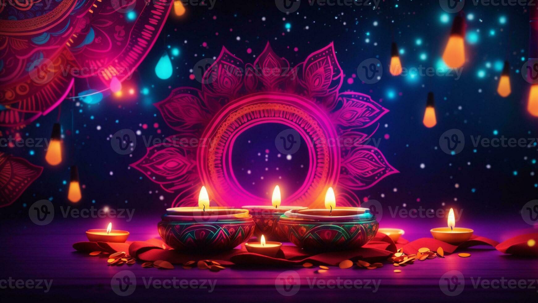 une moderne diwali Contexte avec une la fusion de brillant néon lumières et Indien traditionnel éléments ai génératif photo