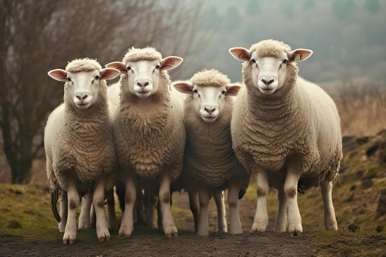 une groupe de mouton permanent en plein air. génératif ai photo