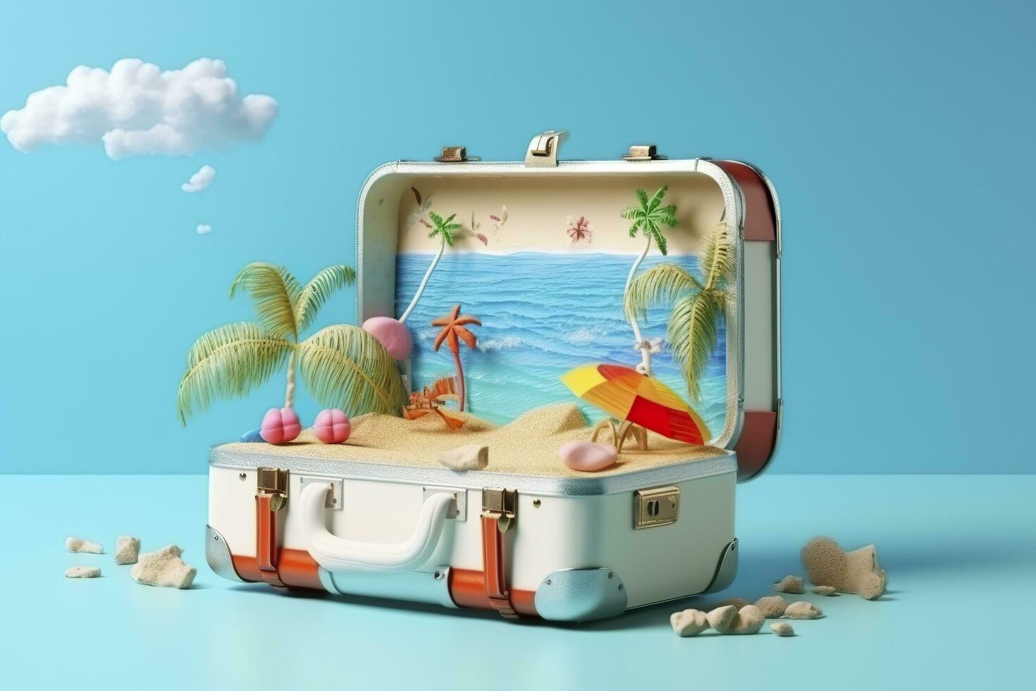 Créatif été plage composition dans valise sur bleu arrière-plan, une Voyage concept idée dans 3d le rendu. ai génératif photo