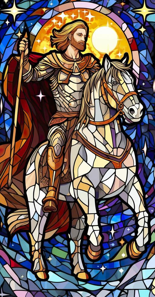 une Chevalier dans brillant armure. un illustration de une mythique ancien paladin dans coloré verre Renaissance fresque style. ai génératif photo