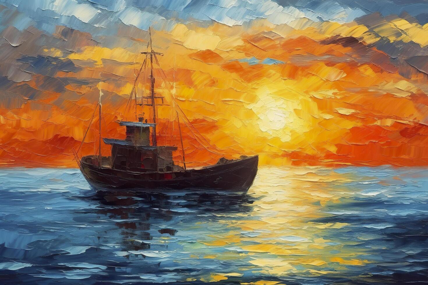 pétrole La peinture de une pêcheur bateau à le coucher du soleil sur mer. mer paysage concept. ai génératif photo