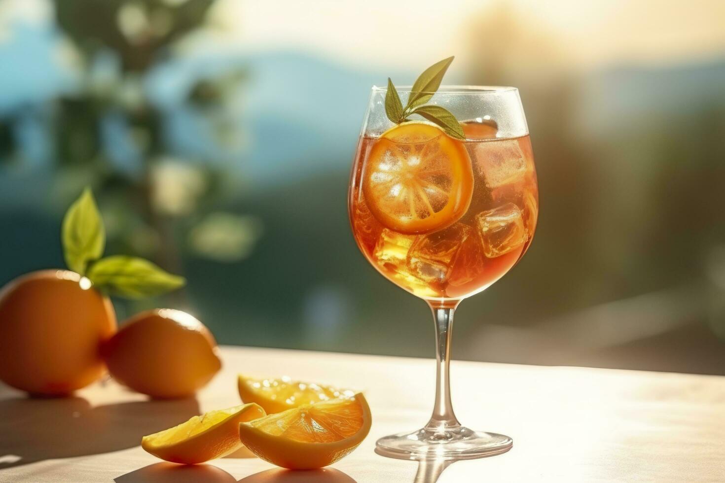 aperol spritz été boisson dans verre avec ombres, tropical Contexte. génératif ai photo