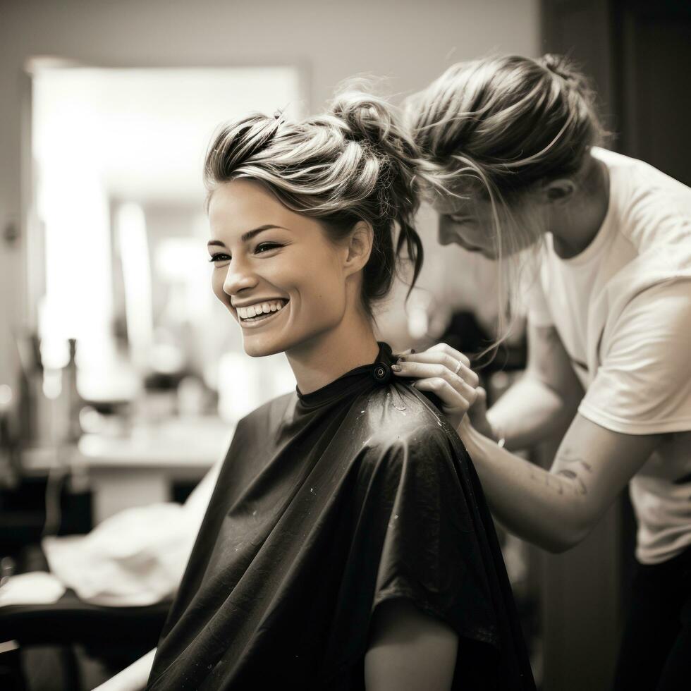 une femme avoir une la Coupe de cheveux dans une salon photo