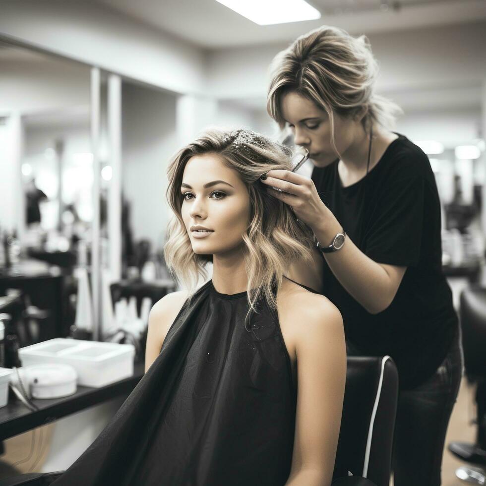 une femme avoir une la Coupe de cheveux dans une salon photo