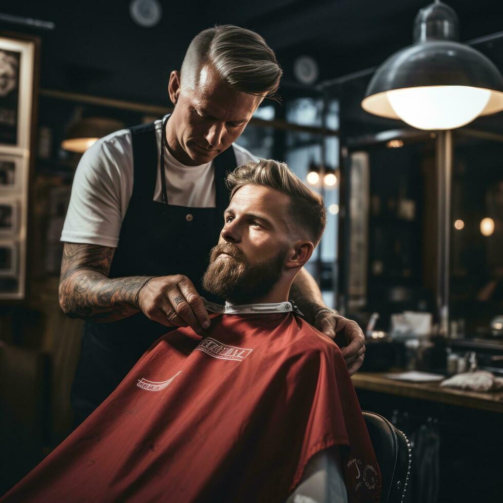 une coiffeur garniture une homme barbe avec tondeuses photo