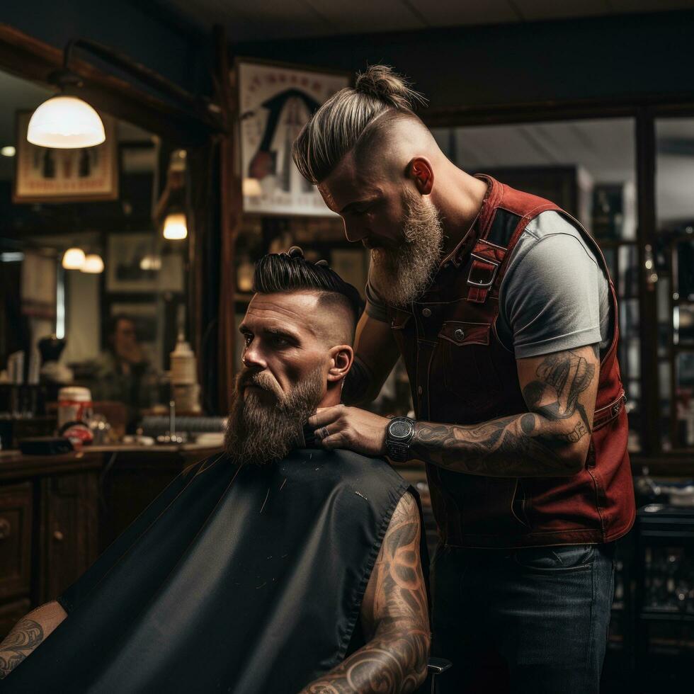 une coiffeur garniture une homme barbe avec tondeuses photo