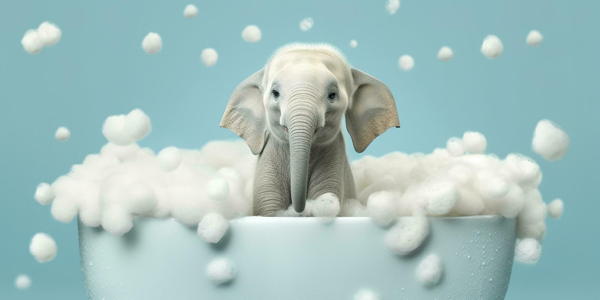 minimaliste albinos l'éléphant dans une baignoire de savon bulles contre une cyan Contexte. ai génératif photo