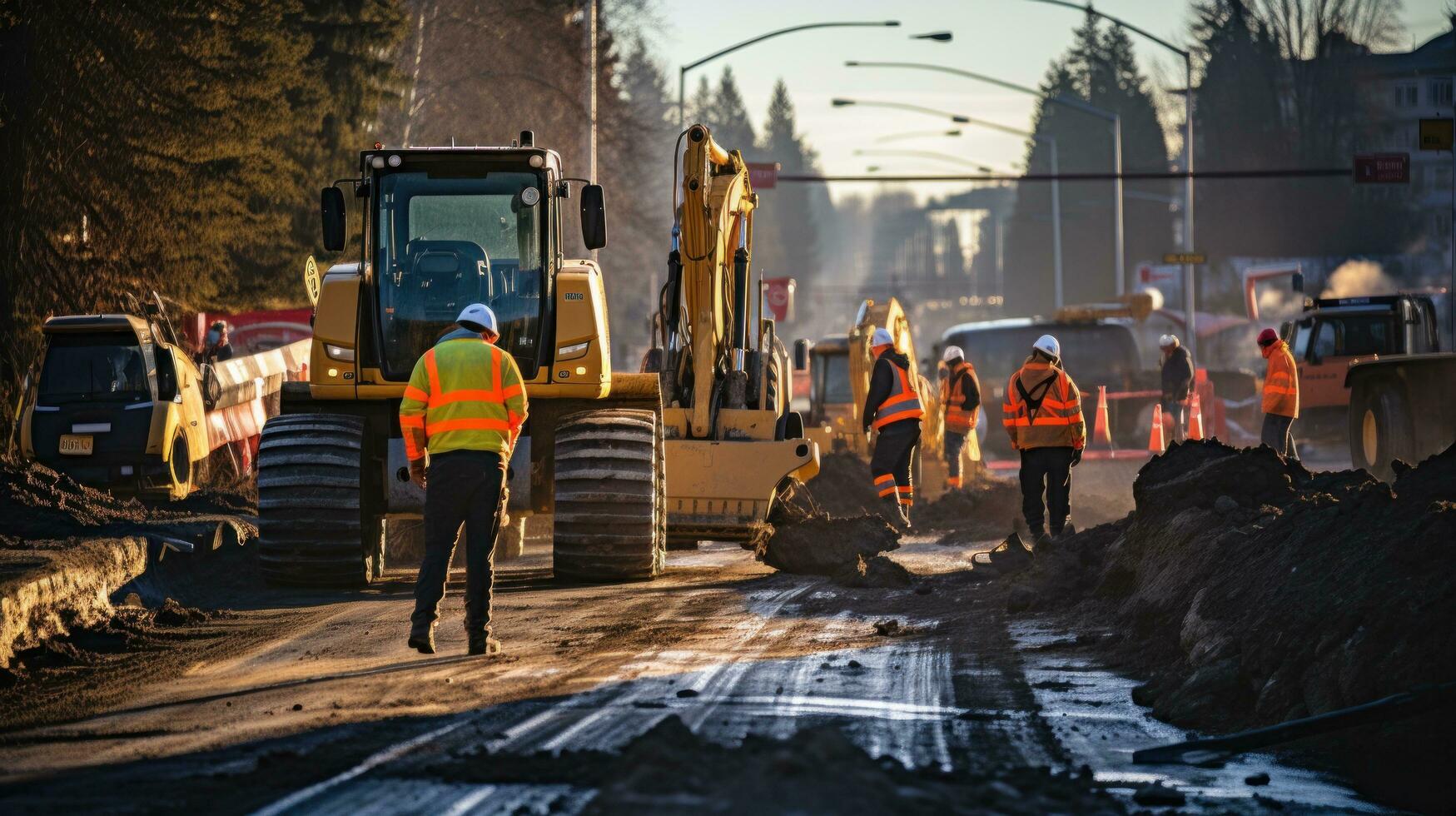 Hommes en fonctionnement lourd machinerie à une construction site sur une route photo