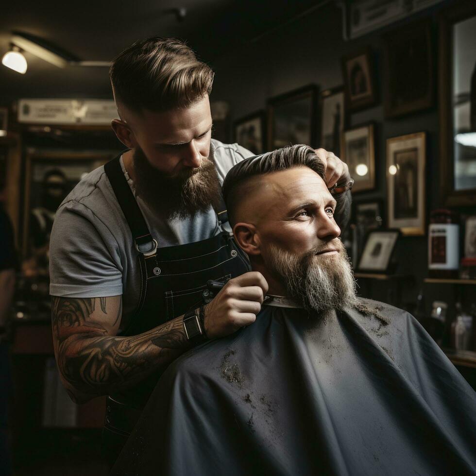 une coiffeur garniture une homme barbe avec tondeuses photo