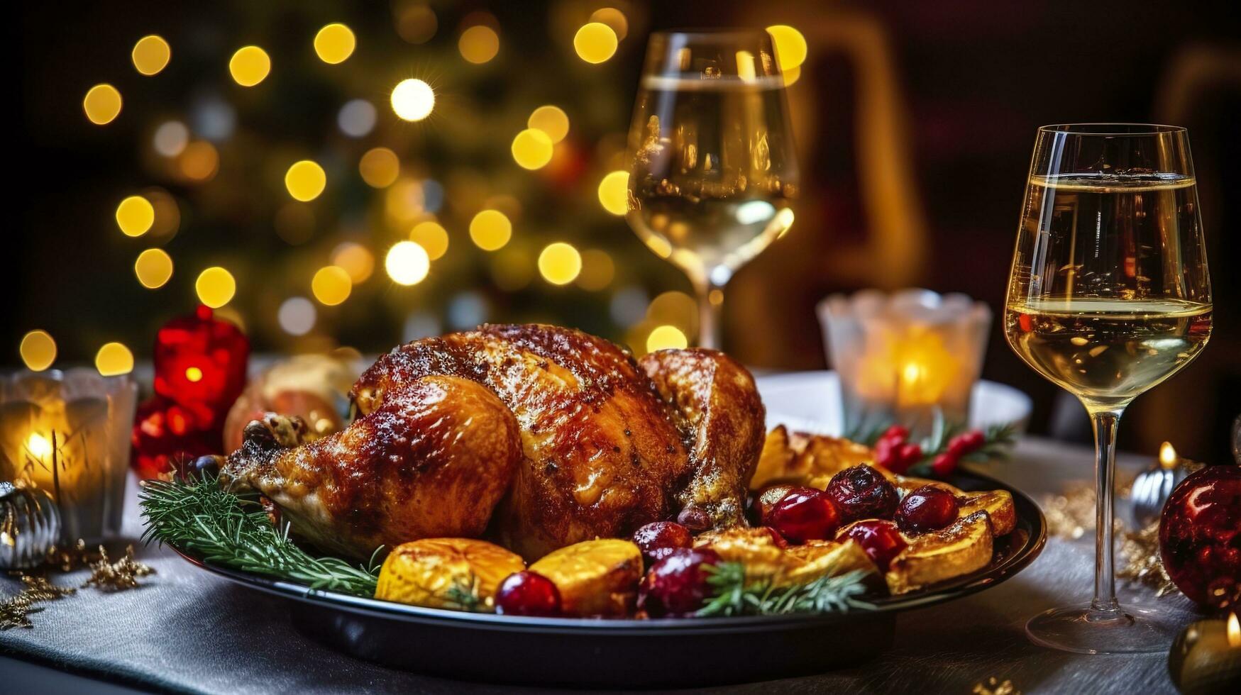 juteux et savoureux rôti dinde sur une assiette avec Noël décorations. rôti poulet avec légumes, rôti poulet faire la fête, tout sortes de nourriture, bière. ai génératif photo
