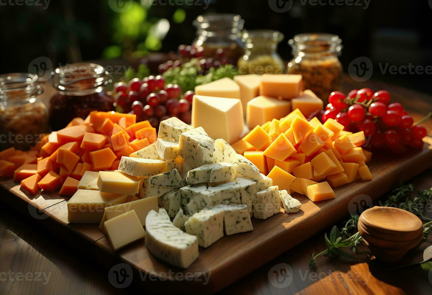 divers les types de fromage sur rustique en bois tableau. établi avec génératif ai photo