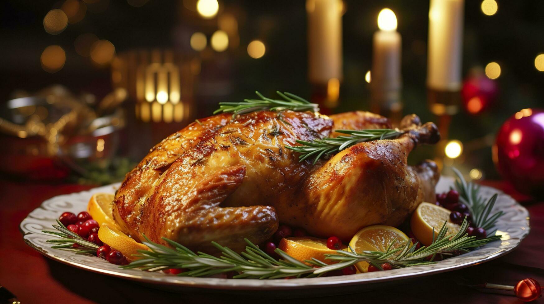 juteux et savoureux rôti dinde sur une assiette avec Noël décorations. rôti poulet avec légumes, rôti poulet faire la fête, tout sortes de nourriture, bière. ai génératif photo