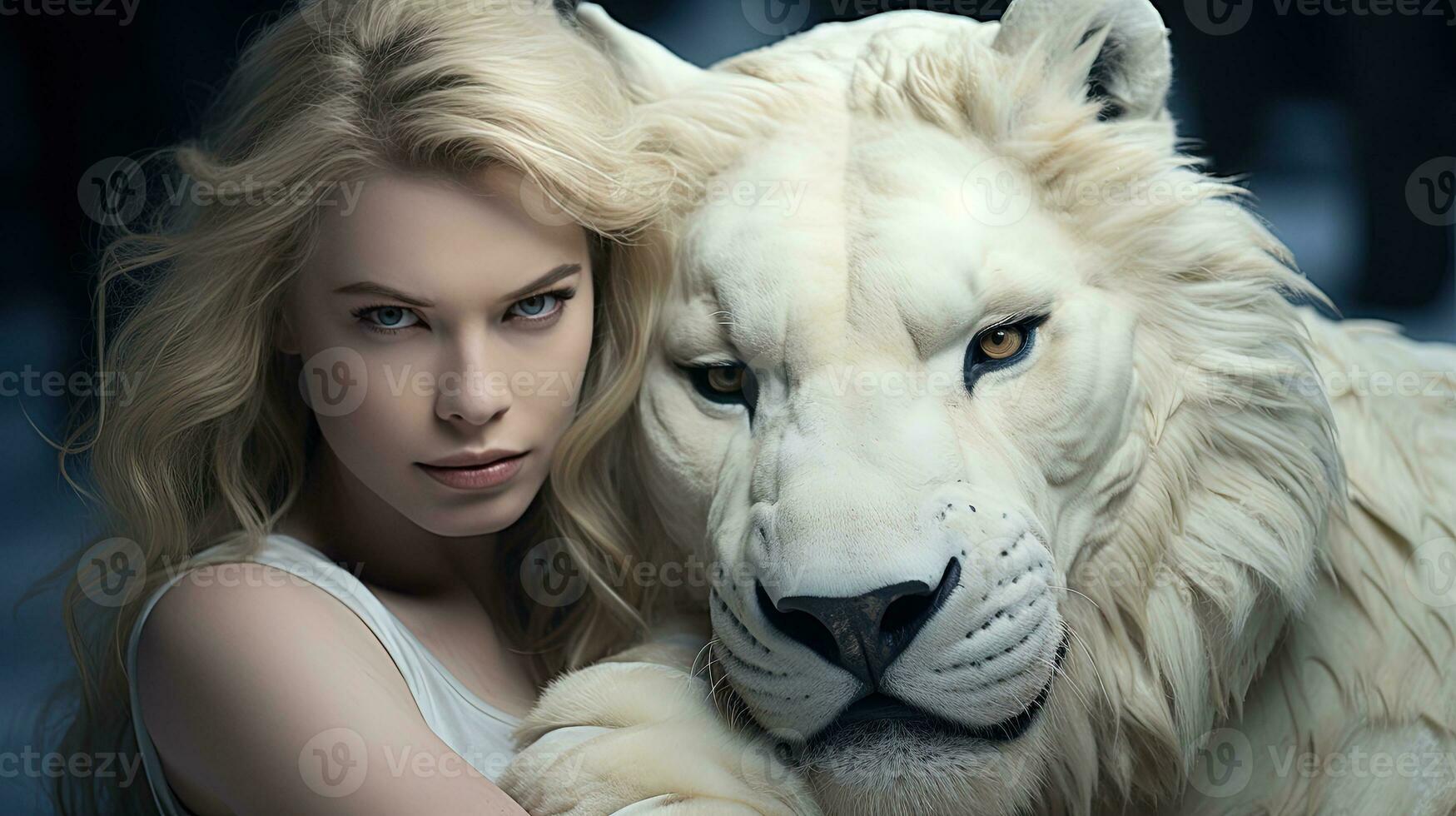 portrait de une magnifique femme avec une blanc lion. beauté, mode. ai génératif photo